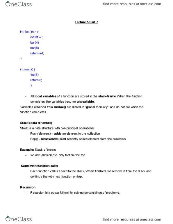 CMPT 125 Lecture Notes - Lecture 5: Stack (Abstract Data Type), C Dynamic Memory Allocation thumbnail