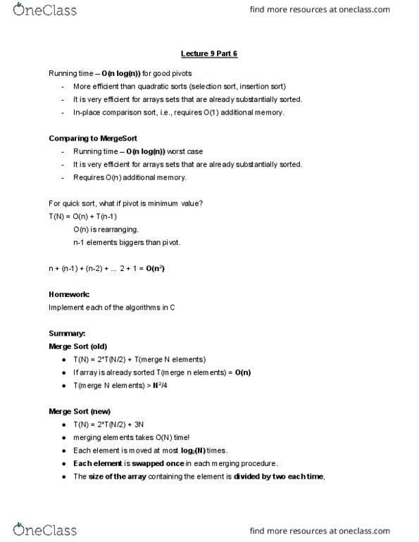 CMPT 125 Lecture Notes - Lecture 9: Merge Sort, Comparison Sort, Insertion Sort thumbnail