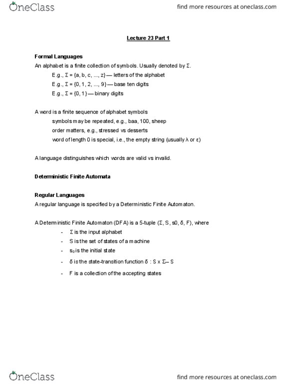 CMPT 125 Lecture Notes - Lecture 23: Deterministic Finite Automaton, Regular Language, Empty String thumbnail