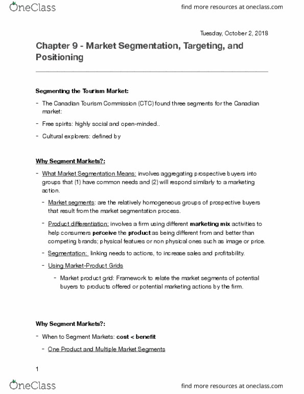 MKT 2210 Lecture Notes - Lecture 6: Destination Canada, Market Segmentation, Marketing Mix thumbnail