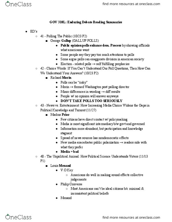 GOV 310L Chapter Notes - Chapter 1: George Gallup, Philip Converse, Louis Menand thumbnail