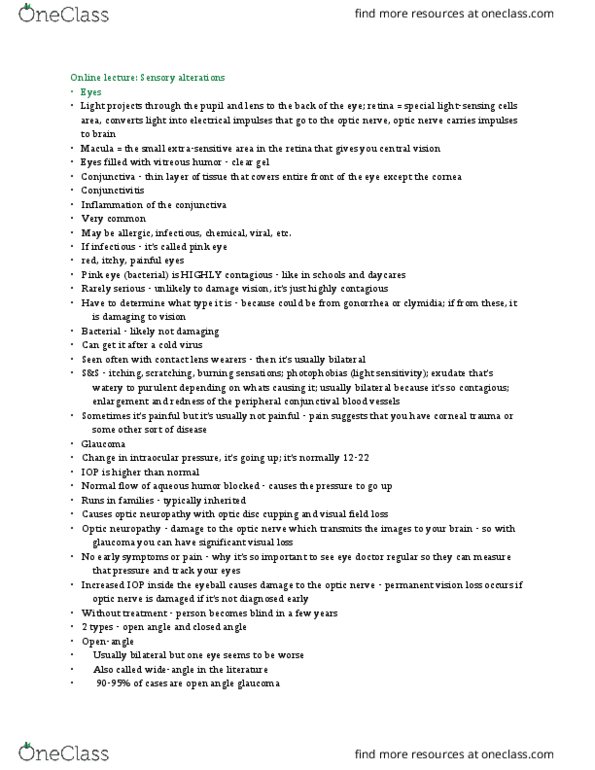 NURS312 Lecture Notes - Lecture 7: Optic Neuropathy, Vitreous Body, Optic Disc thumbnail