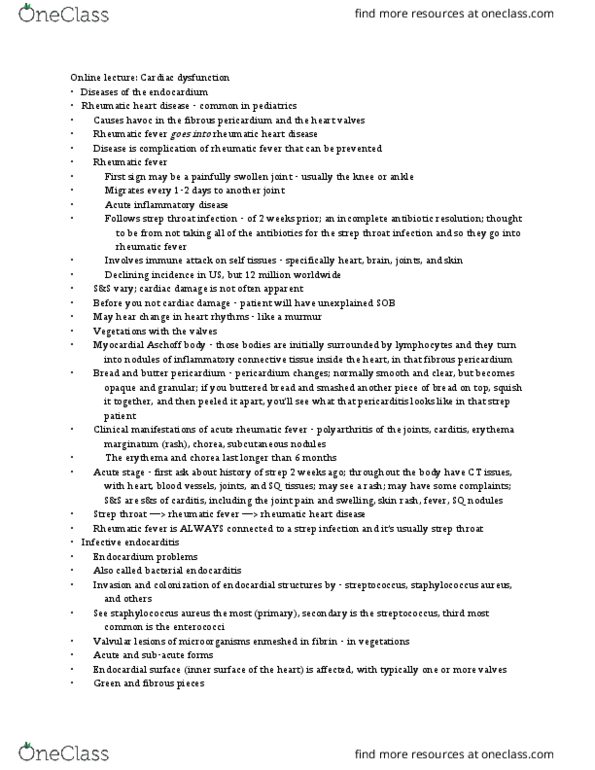 NURS312 Lecture Notes - Lecture 12: Rheumatic Fever, Streptococcal Pharyngitis, Infective Endocarditis thumbnail