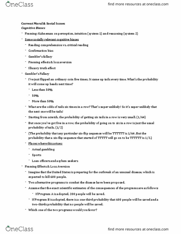 01:730:105 Lecture Notes - Lecture 25: Illusory Truth Effect, Loss Aversion, Confirmation Bias thumbnail