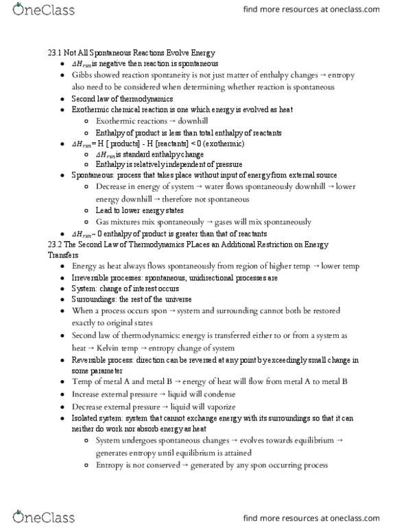 CHEM 6C Chapter Notes - Chapter 23: Gibbs Free Energy, Enthalpy, Isolated System thumbnail