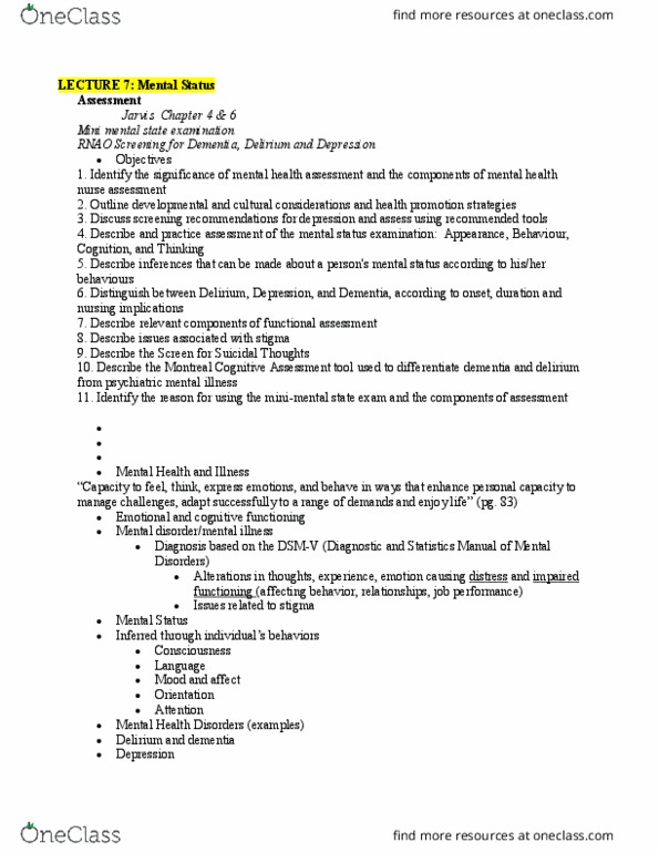 NSE 13A/B Lecture Notes - Lecture 7: Mental Status Examination, Mental Health Nurse, Ready To Die thumbnail