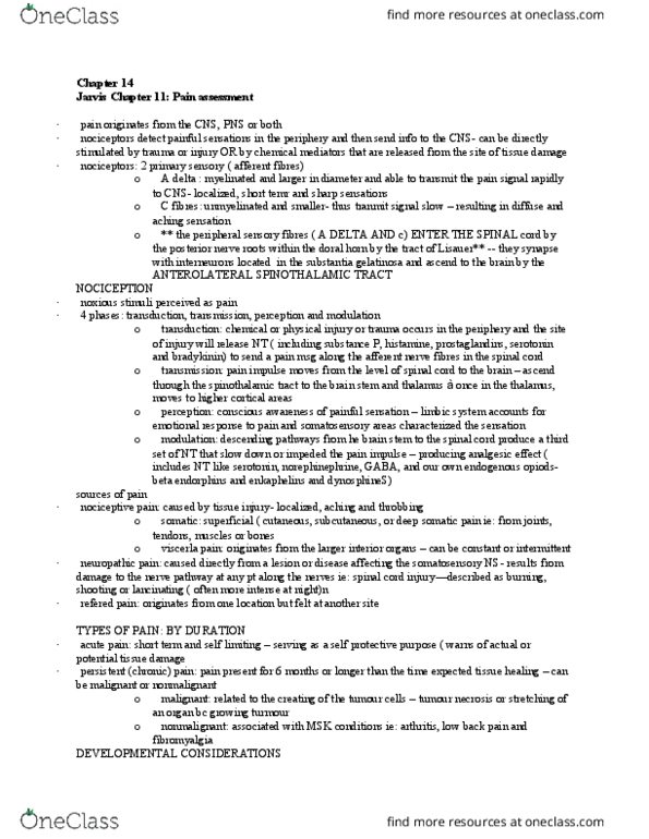 NSE 13A/B Chapter Notes - Chapter 14: Dorsal Root Of Spinal Nerve, Spinothalamic Tract, Substantia Gelatinosa Of Rolando thumbnail