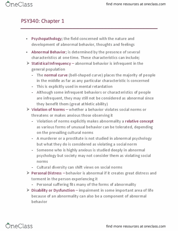 PSY340H5 Chapter Notes - Chapter 1: Abnormal Psychology, Intellectual Disability, Normal Distribution thumbnail