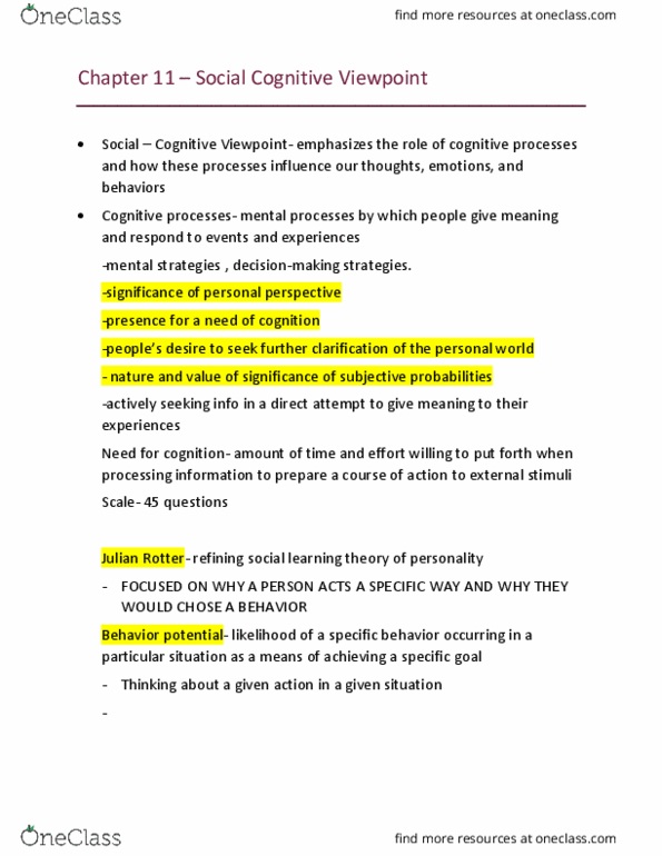 PSYC 2800 Lecture Notes - Lecture 11: Julian Rotter, Social Learning Theory, Bayesian Probability thumbnail