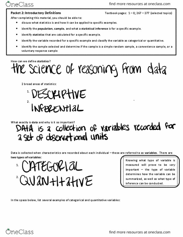 STA 205 Lecture Notes - Lecture 2: Simple Random Sample, Categorical Variable, Convenience Sampling thumbnail