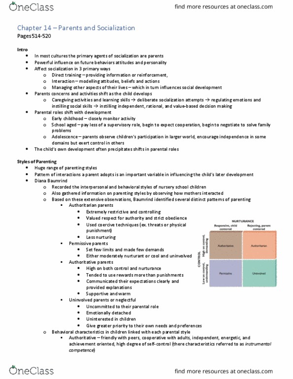 Psychology 2040A/B Chapter Notes - Chapter 14: Diana Baumrind, Parenting Styles, Parental Control thumbnail