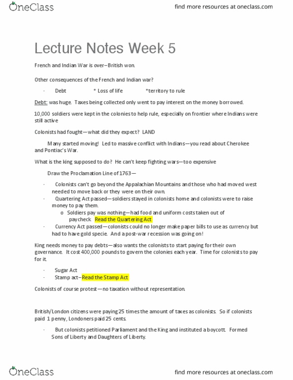 HIST 1402 Lecture Notes - Lecture 5: Quartering Acts, Royal Proclamation Of 1763, Sugar Act thumbnail