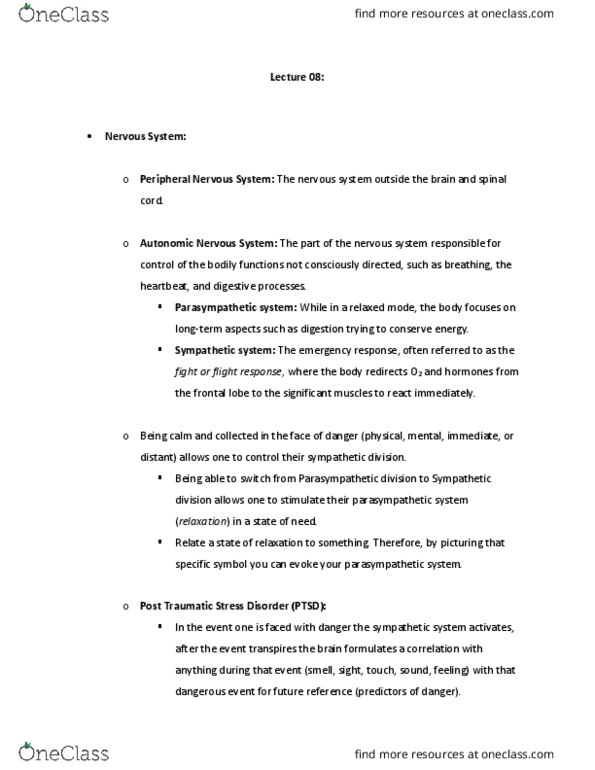 PSYA01H3 Lecture Notes - Lecture 8: Posttraumatic Stress Disorder, Peripheral Nervous System, Autonomic Nervous System thumbnail