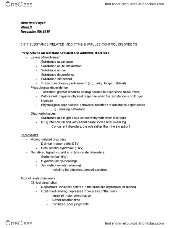 PSYC*3140 Lecture Notes - Lecture 9: Delirium Tremens, Fetal Alcohol Spectrum Disorder, Anxiolytic thumbnail