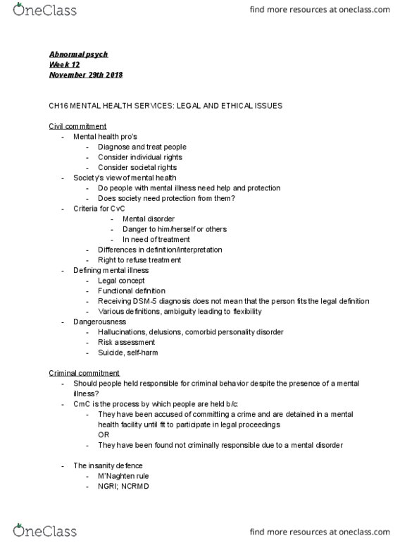 PSYC*3140 Lecture Notes - Lecture 12: Insanity Defense, Mental Disorder, Risk Assessment thumbnail