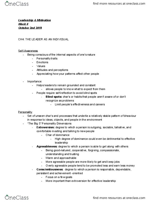 AHSS 2310 Lecture Notes - Lecture 4: Extraversion And Introversion, Conscientiousness, Cognitive Style thumbnail