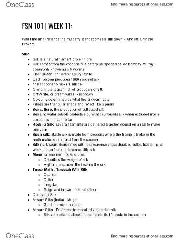 FSN 101 Lecture Notes - Lecture 11: Wild Silk, Sericin, Sericulture thumbnail