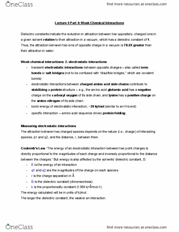 MBB 222 Lecture Notes - Lecture 4: Relative Permittivity, Disulfide, Bond Energy thumbnail