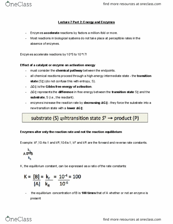 MBB 222 Lecture Notes - Lecture 7: Equilibrium Constant, Reaction Rate, Activation Energy thumbnail