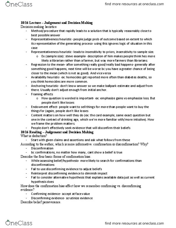 CIS 140 Lecture Notes - Lecture 13: Decision-Making, Guesstimate, Availability Heuristic thumbnail