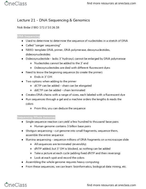 BIOLOGY 172 Lecture Notes - Lecture 21: Shotgun Sequencing, Sanger Sequencing, Dideoxynucleotide thumbnail