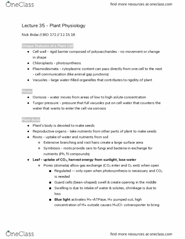 BIOLOGY 172 Lecture Notes - Lecture 35: Turgor Pressure, Plasmodesma, Vacuole thumbnail