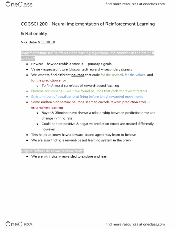 COGSCI 200 Lecture Notes - Lecture 19: Reinforcement Learning, Nucleus Accumbens, Basal Ganglia thumbnail