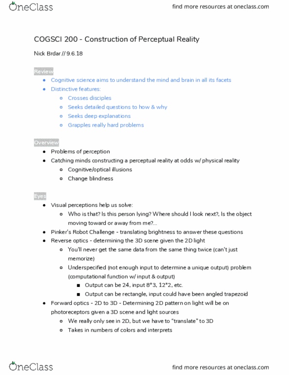 COGSCI 200 Lecture Notes - Lecture 2: Change Blindness, Prosopagnosia, Thalamus thumbnail