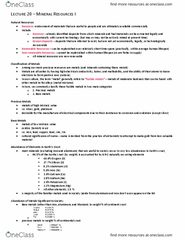 Earth Sciences 1022A/B Lecture Notes - Lecture 20: Continental Crust, Magnesium, Hydrothermal Vent thumbnail