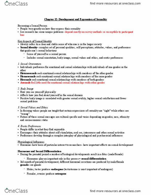 Psychology 2035A/B Chapter Notes - Chapter 12: Sexual Differentiation, Prenatal Development, Sexual Identity thumbnail