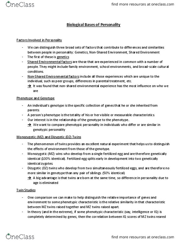 PSYCH 2B03 Lecture 8: PSYCH 2B03 Lecture : Biological Bases of Personality thumbnail