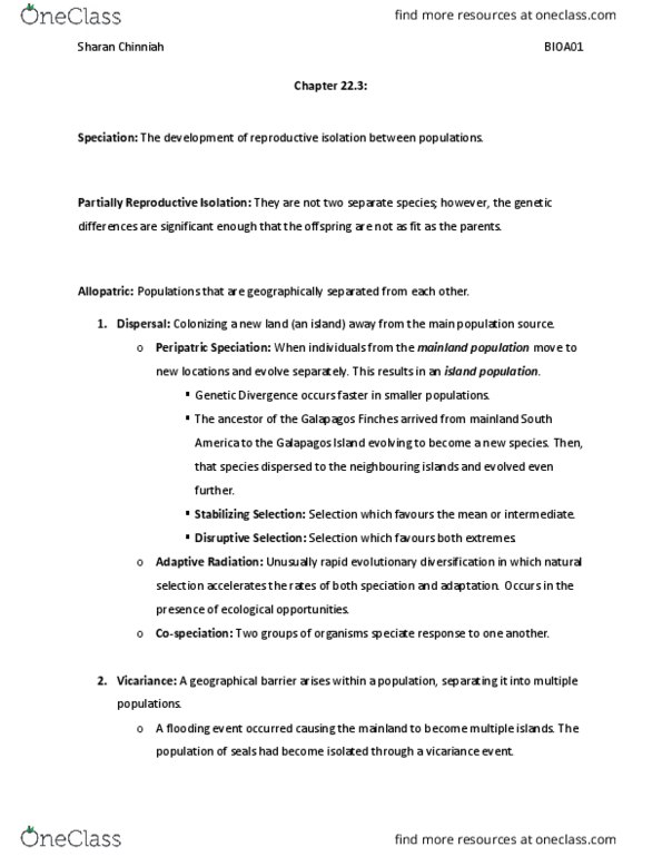 BIOA01H3 Chapter Notes - Chapter 22: Reproductive Isolation, Disruptive Selection, Allopatric Speciation thumbnail