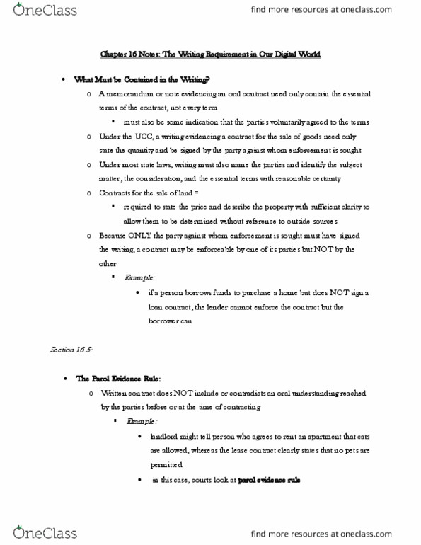 BALW20150 Chapter Notes - Chapter 16: Parol Evidence Rule, Oral Contract thumbnail