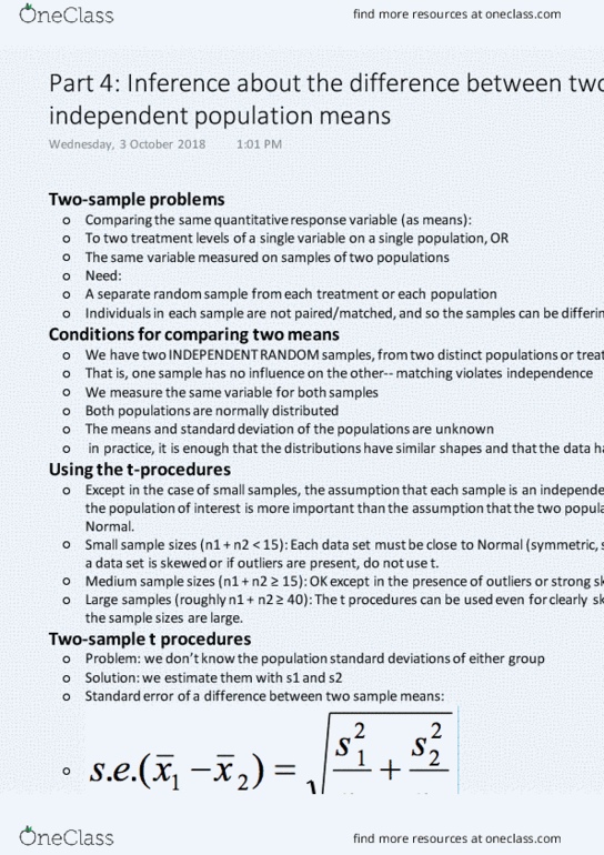 SCI1020 Lecture 10: Part 4b Inference about the difference between two independent population means thumbnail