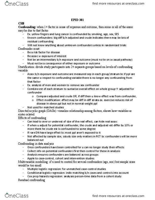 EPID 301 Chapter Notes - Chapter 1-7: Logistic Regression, Directed Acyclic Graph, Confounding thumbnail