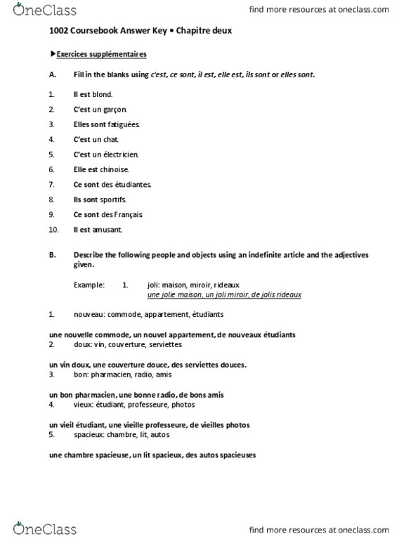 French 1002 Chapter 2: Coursebook Answer Key Chapitre 2 thumbnail
