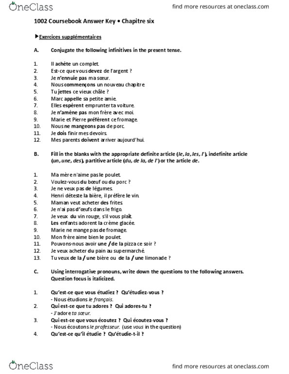 French 1002 Chapter 6: Coursebook Answer Key Chapitre 6 thumbnail