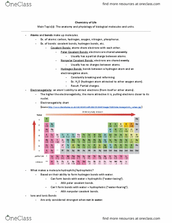 LIFESCI 7A Lecture Notes - Lecture 1: Partial Charge, Electronegativity, Covalent Bond thumbnail