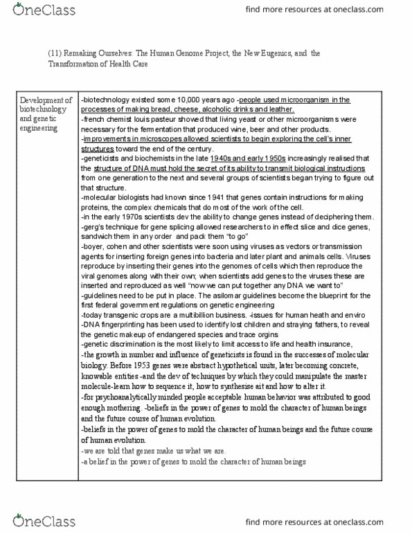 HPSC4105 Lecture Notes - Lecture 11: Human Genome Project, Louis Pasteur, Liberal Eugenics thumbnail
