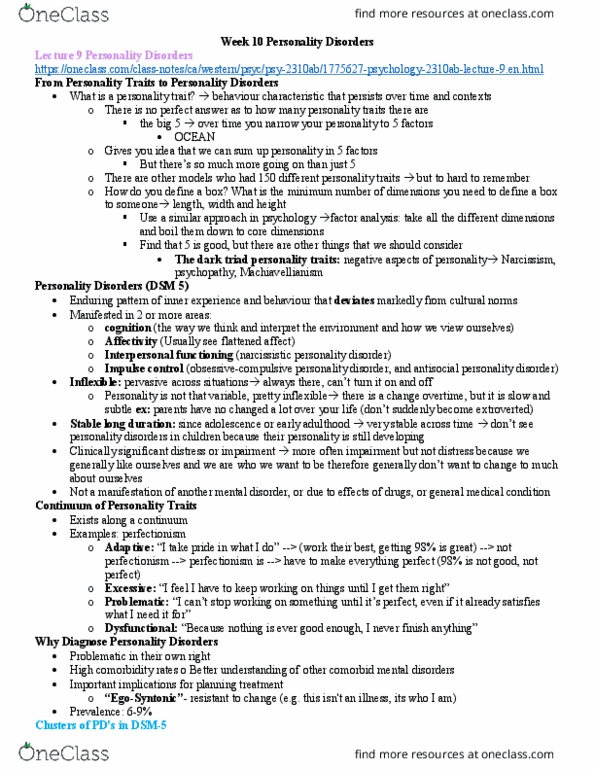 Psychology 2310A/B Lecture Notes - Lecture 10: Narcissistic Personality Disorder, Antisocial Personality Disorder, Dark Triad thumbnail