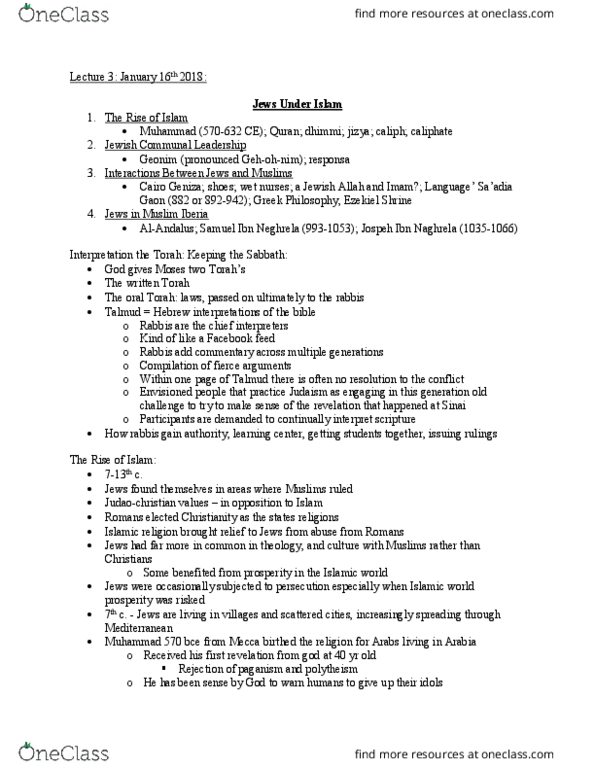 HIST 219 Lecture Notes - Lecture 3: Samuel Ibn Naghrillah, Saadia Gaon, Cairo Geniza thumbnail