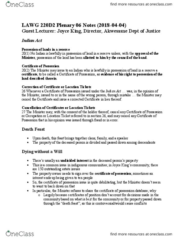 LAWG 220D1 Lecture Notes - Lecture 6: Akwesasne, Concurrent Estate, Indian Act thumbnail
