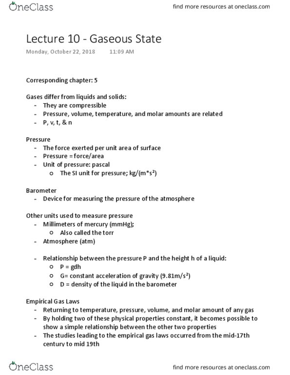 CHEM 17 Lecture Notes - Lecture 10: Barometer, Gas Laws, Torr thumbnail