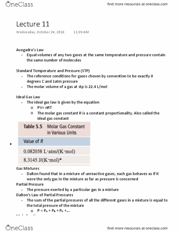 CHEM 17 Lecture Notes - Lecture 11: Gas Constant, Ideal Gas Law, Molar Volume thumbnail