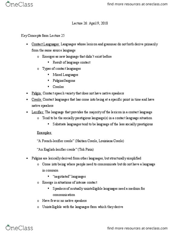 LING 200 Lecture Notes - Lecture 26: Haitian Creole, Tok Pisin, Lexifier thumbnail