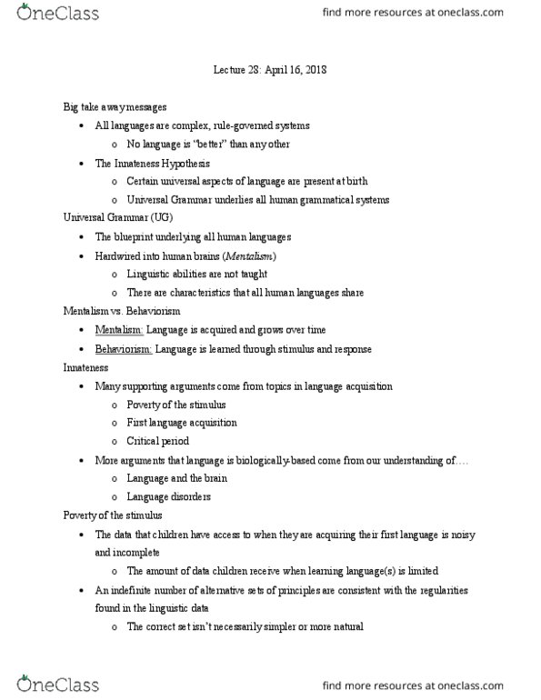 LING 200 Lecture Notes - Lecture 28: Universal Grammar, Linguistic Universal, Critical Period thumbnail