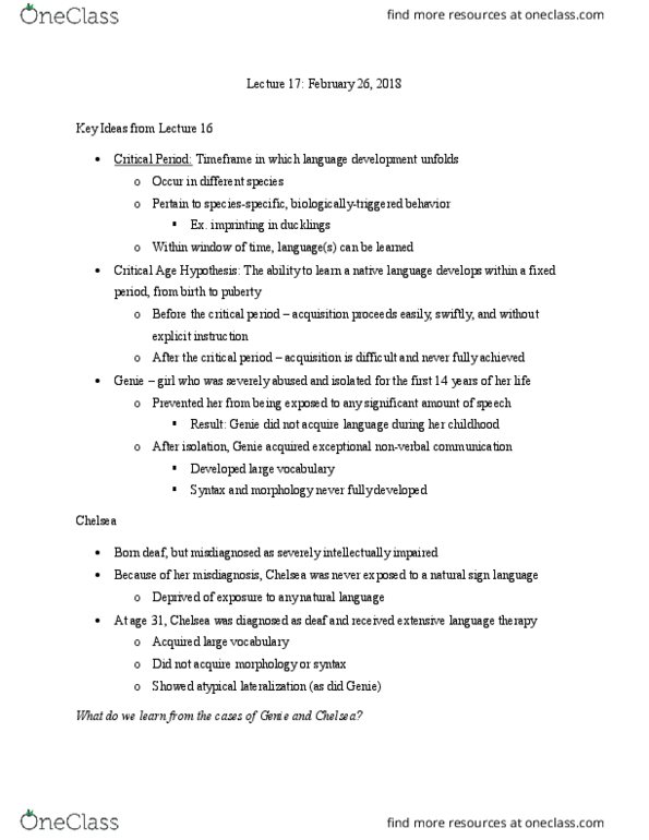 LING 200 Lecture Notes - Lecture 17: Critical Period, Language Disorder, Nonverbal Communication thumbnail