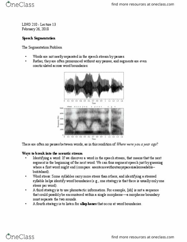 LING 210 Lecture Notes - Lecture 13: Speech Segmentation, Phonotactics, Coarticulation thumbnail