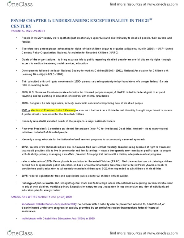 PSY345H5 Chapter Notes - Chapter 1: United Cerebral Palsy, Vocational Rehabilitation Act Of 1973, Intellectual Disability thumbnail