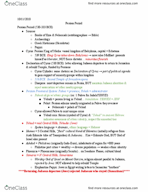 MIDEAST 207 Lecture Notes - Lecture 10: Elephantine Papyri, Cyrus Cylinder, Cyrus The Great thumbnail